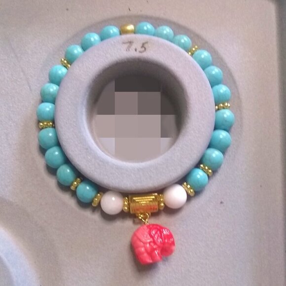 Elephant Lovers Bracelet ~ Aqua White + Salmon Stretch Bracelet ~ 7-7.5" Wrist - Picture 3 of 8
